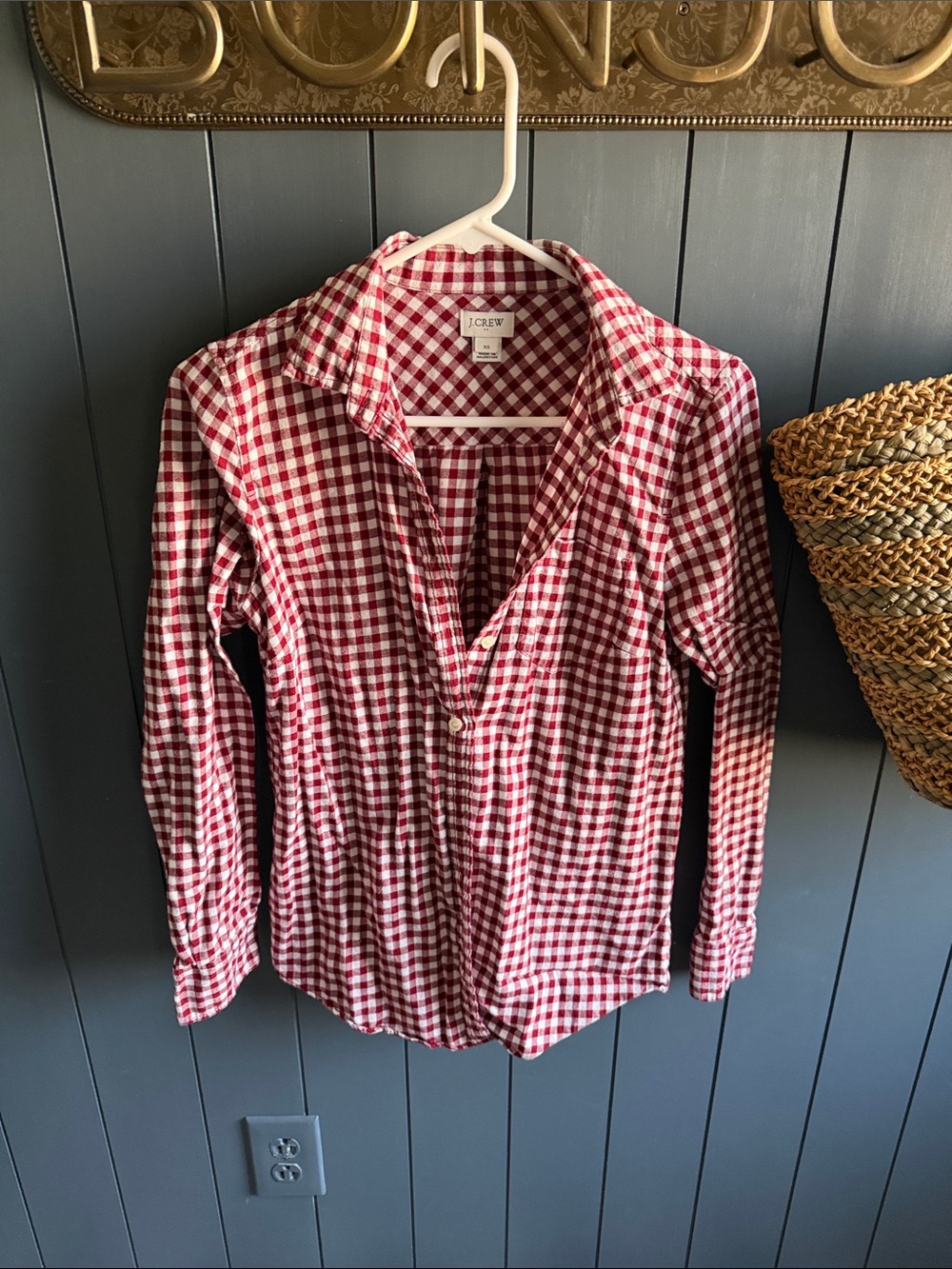 J. Crew Red and White Gingham Button-Down Shirt